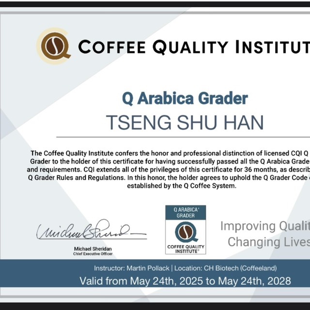 Coffee Quality Institute Q Arabica Grader 證書 — TSENG SHU HAN